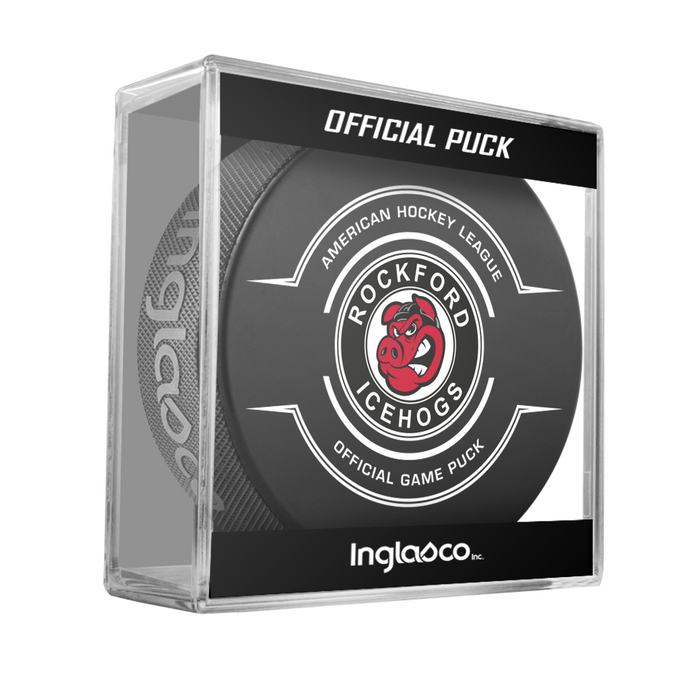 AHL Rockford Icehogs 2025-26 Official Game Hockey Puck In Cube
