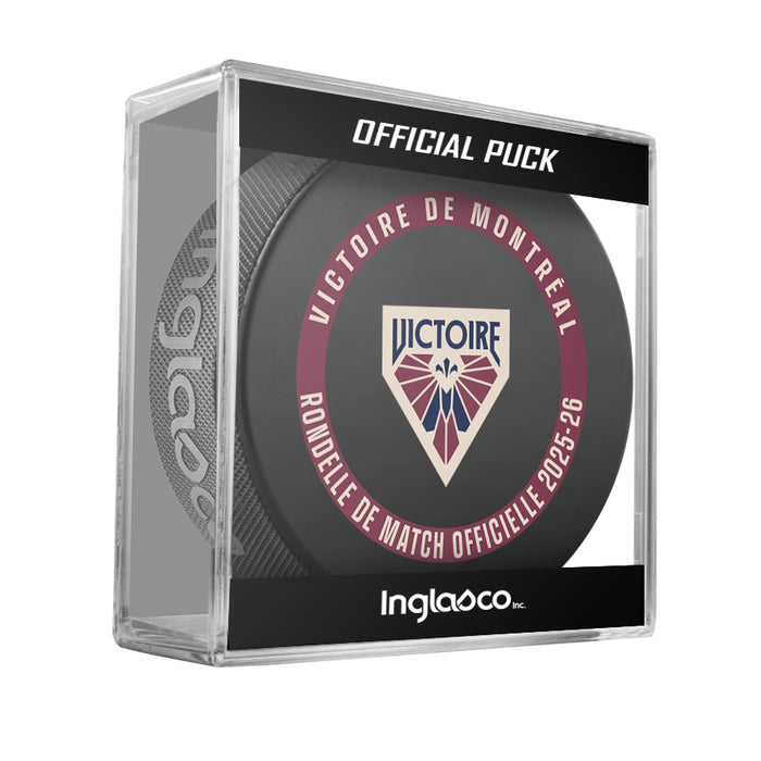 PWHL Montreal Victoire Officially Licensed 2025-26 Game Puck Design In Cube