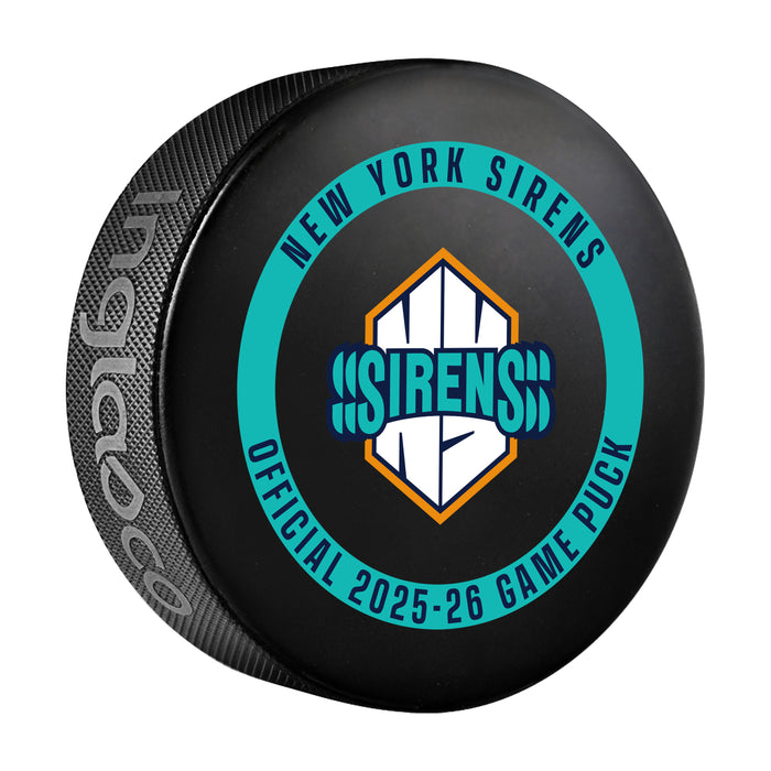 PWHL New York Sirens Officially Licensed 2025-26 Game Puck Design In Cube