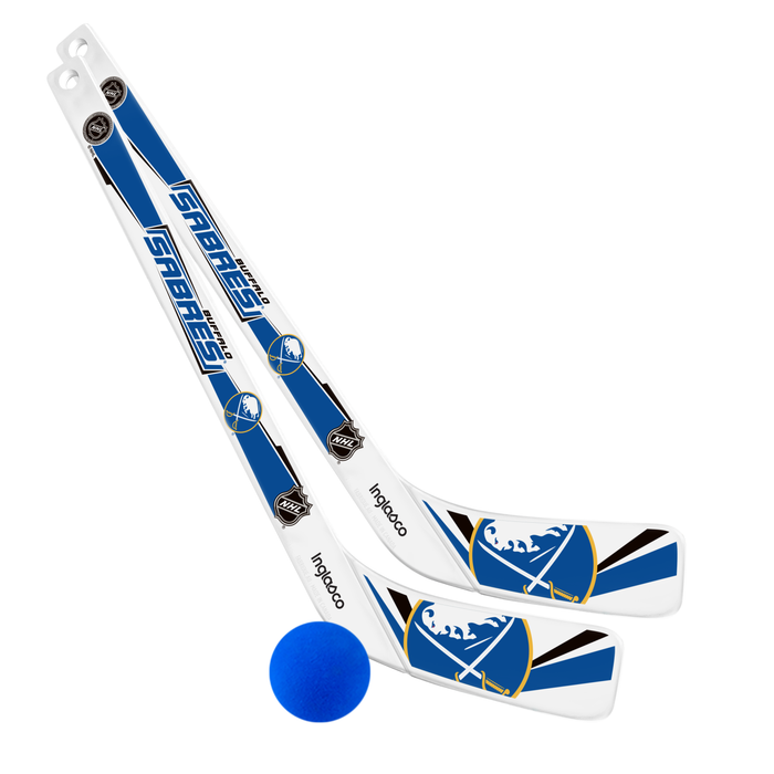 NHL Buffalo Sabres mini hockey stick close-up showing team script and crest on blue blade