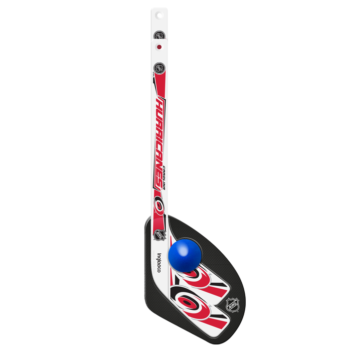 NHL Carolina Hurricanes mini hockey stick close-up with red and black blade and blue foam ball