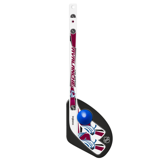 NHL Colorado Avalanche mini hockey stick close-up with burgundy blade, A-mountain logo and blue ball