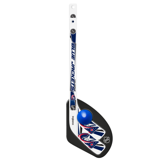 NHL Columbus Blue Jackets mini hockey stick close-up with navy and red star-burst blade and blue ball