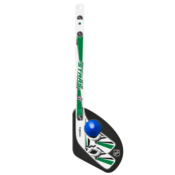 NHL Dallas Stars mini hockey stick close-up with green and white blade, D-star logo and blue ball