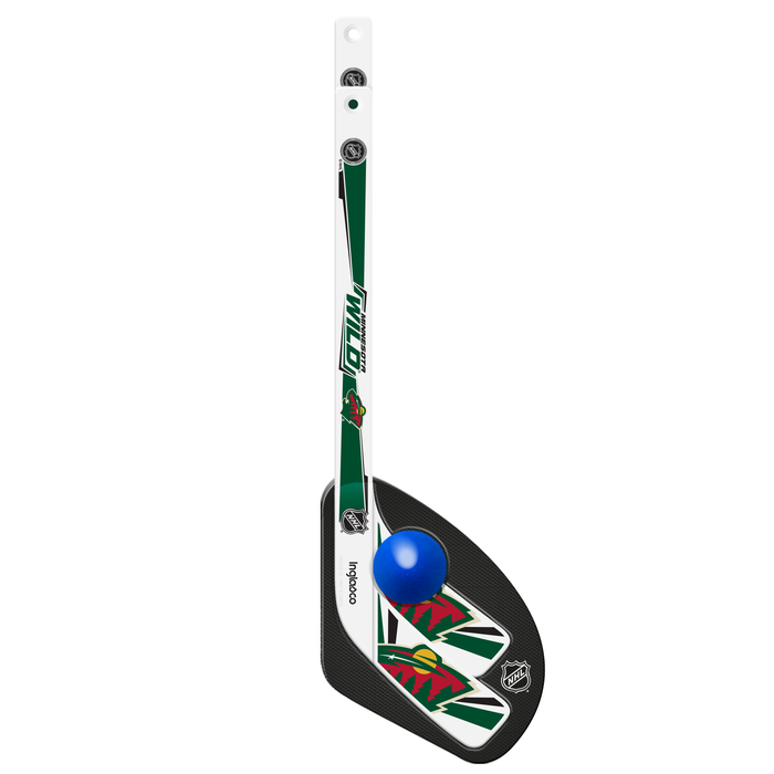 NHL Minnesota Wild mini hockey stick close-up with forest green blade, bear-head logo and blue ball