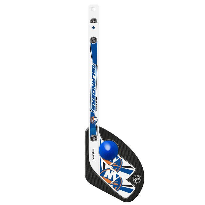 NHL New York Islanders mini hockey stick close-up with royal blue blade, NY logo and blue foam ball