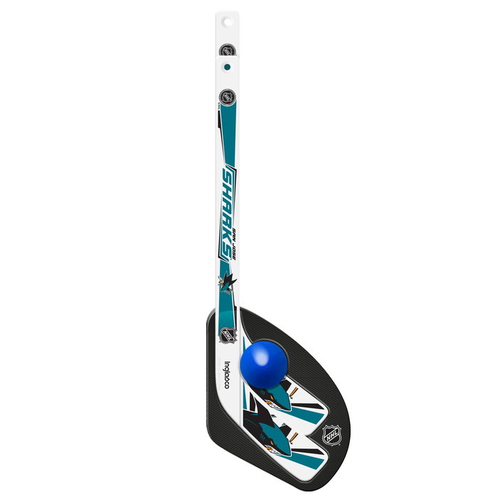 NHL San Jose Sharks mini hockey stick close-up with teal and black blade, shark fin logo and blue ball