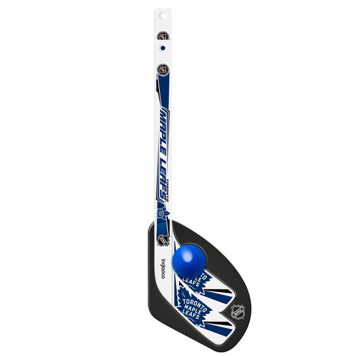 NHL Toronto Maple Leafs mini hockey stick close-up with royal blue blade, leaf logo and blue ball