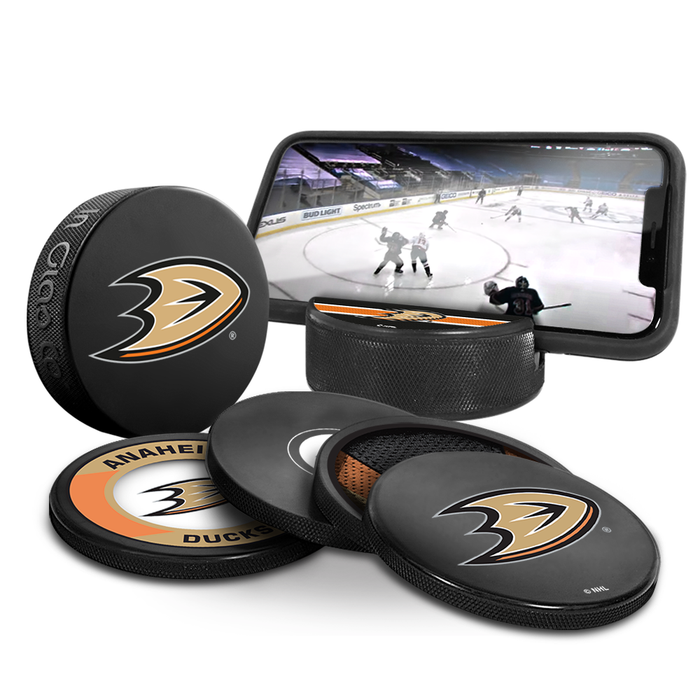 NHL Anaheim Ducks Ultimate Fan 3-Pack. Includes: 1 NHL Official Classic Souvenir Hockey Puck / 4 Coasters / 1 Media Device Holder