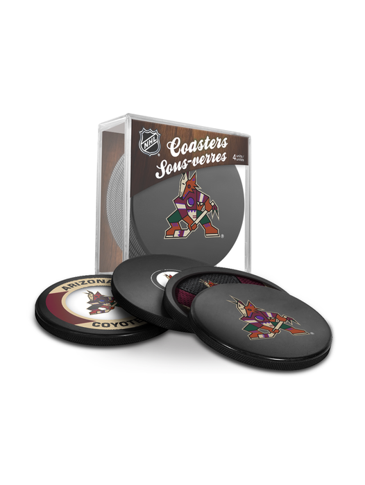 NHL Arizona Coyotes Ultimate Fan 3-Pack. Includes: 1 NHL Official Classic Souvenir Hockey Puck / 4 Coasters / 1 Media Device Holder