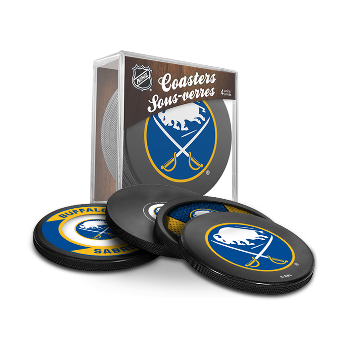 NHL Buffalo Sabres Ultimate Fan 3-Pack. Includes: 1 NHL Official Classic Souvenir Hockey Puck / 4 Coasters / 1 Media Device Holder