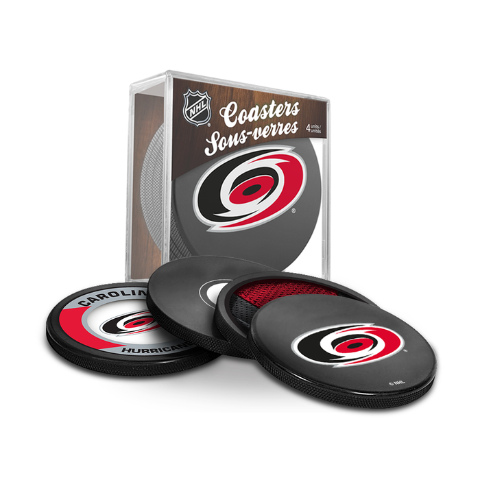 NHL Carolina Hurricanes Ultimate Fan 3-Pack. Includes: 1 NHL Official Classic Souvenir Hockey Puck / 4 Coasters / 1 Media Device Holder