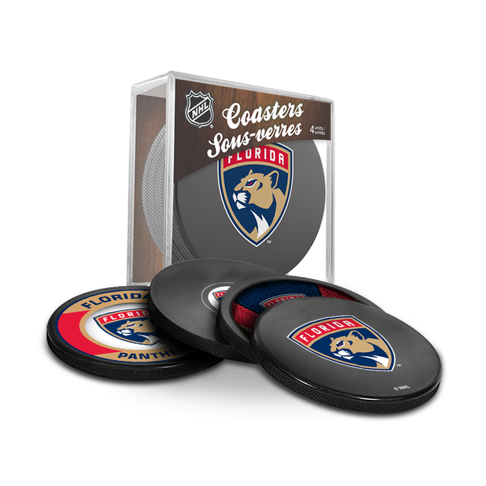 NHL Florida Panthers Ultimate Fan 3-Pack. Includes: 1 NHL Official Classic Souvenir Hockey Puck / 4 Coasters / 1 Media Device Holder