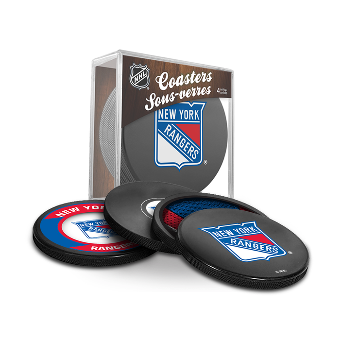 NHL New York Rangers Ultimate Fan 3-Pack. Includes: 1 NHL Official Classic Souvenir Hockey Puck / 4 Coasters / 1 Media Device Holder