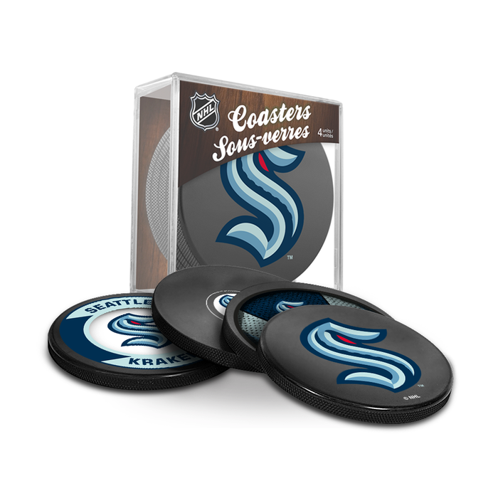 NHL Seattle Kraken Ultimate Fan 3-Pack. Includes: 1 NHL Official Classic Souvenir Hockey Puck / 4 Coasters / 1 Media Device Holder