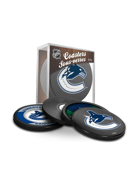 NHL Vancouver Canucks Ultimate Fan 3-Pack. Includes: 1 NHL Official Classic Souvenir Hockey Puck / 4 Coasters / 1 Media Device Holder