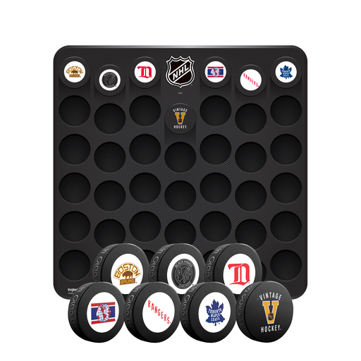 Hockey Puck Presentation Wall Plaque. Proudly Display Your Puck Collection. Includes one NHL Vintage Shield and the NHL Original Six Vintage Souvenir Collector hockey pucks.