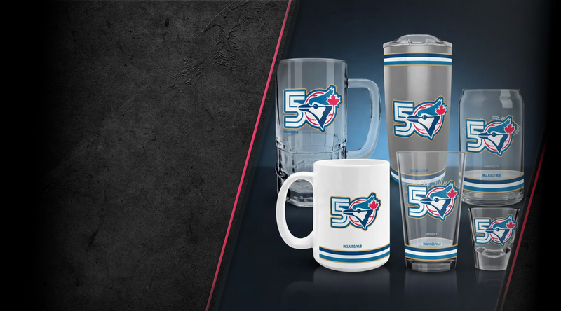 MLB Toronto Blue Jays 50th anniversary drinkware collection banner featuring pint glass, mug and tumblers