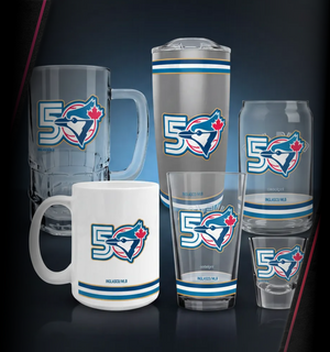 MLB Toronto Blue Jays 50th anniversary glassware lineup mobile banner with mug, stein, tumblers and shot