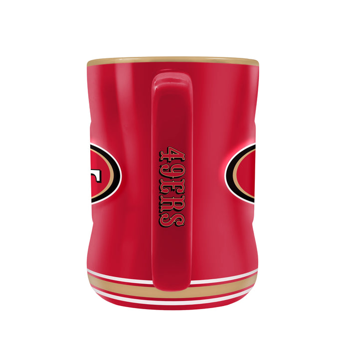 NFL San Francisco 49ers red sculpted mug back view with raised black 49ERS wordmark on handle and dual SF oval logos