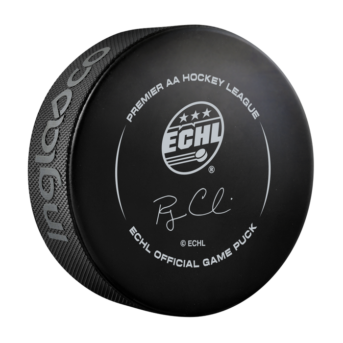 Back of Orlando Solar Bears ECHL official game puck with Premier AA Hockey League text, ECHL star logo and commissioner signature