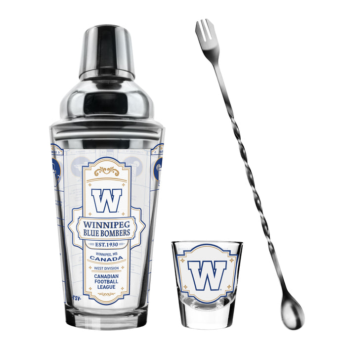 CFL Winnipeg Blue Bombers Bartender Mixing Glass & Shot Glass Shaker Set