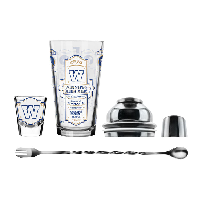 CFL Winnipeg Blue Bombers Bartender Mixing Glass & Shot Glass Shaker Set