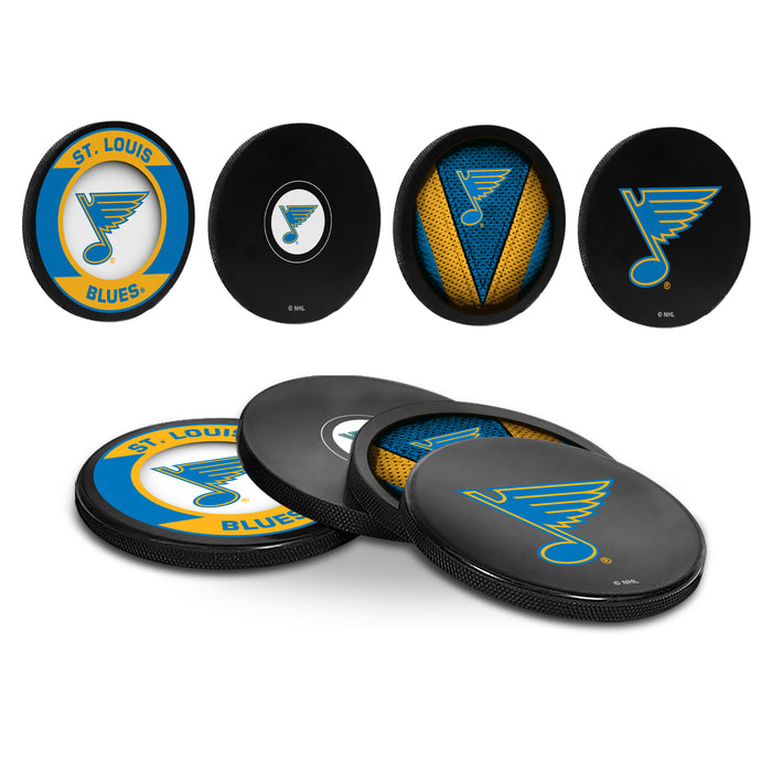 NHL St. Louis Blues Hockey Puck Drink Coasters (4-Pack) In Cube