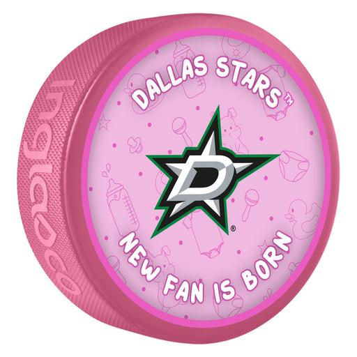 NHL Dallas Stars New Fan Is Born pink souvenir hockey puck with team D star logo on baby-themed background