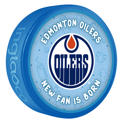 NHL Edmonton Oilers New Fan Is Born blue souvenir hockey puck with team Oilers oil drop logo on baby-themed background