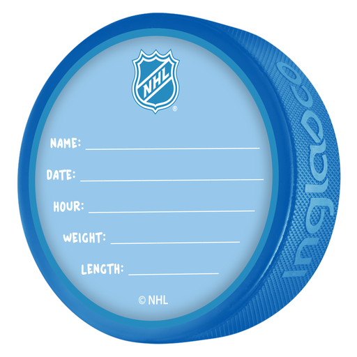 NHL Edmonton Oilers blue souvenir puck back with NHL shield and fill-in baby birth record fields
