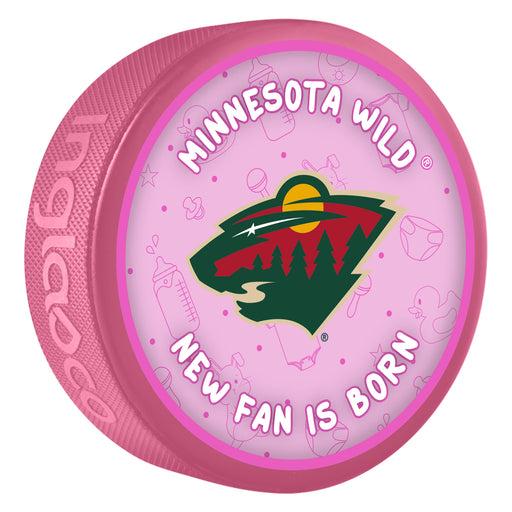 NHL Minnesota Wild pink New Fan is Born souvenir puck with team logo and baby items pattern