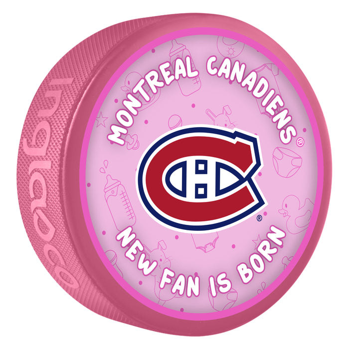 NHL Montreal Canadiens pink New Fan is Born souvenir puck with team logo and baby items pattern