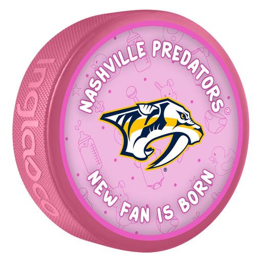 NHL Nashville Predators pink New Fan is Born souvenir puck with team logo and baby items pattern