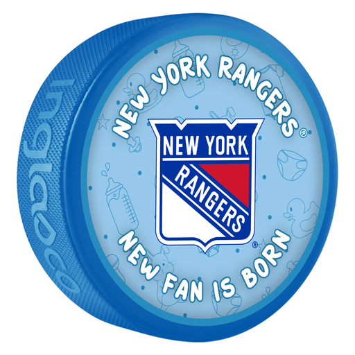 NHL New York Rangers blue New Fan is Born souvenir puck with team logo and baby items pattern