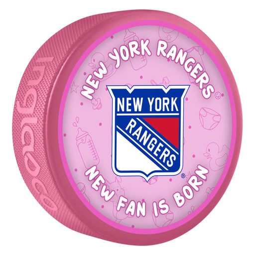 NHL New York Rangers pink New Fan is Born souvenir puck with team logo and baby items pattern