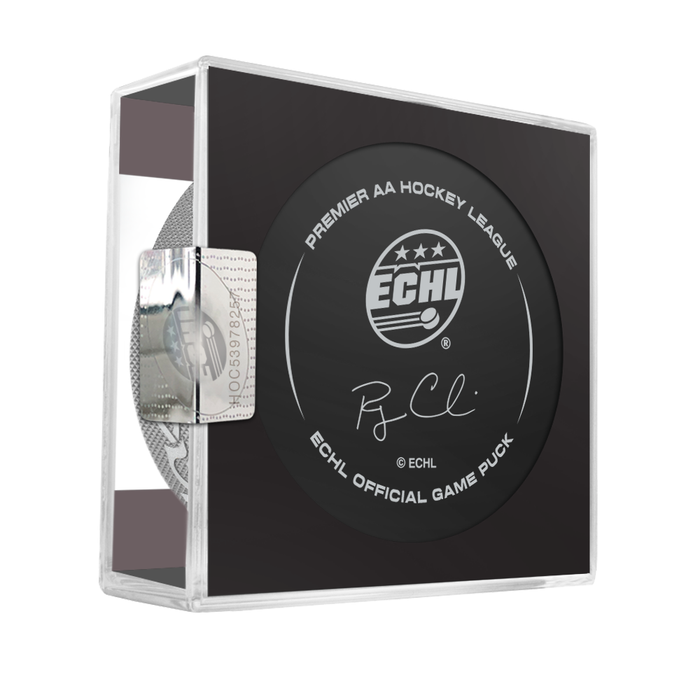Savannah Ghost Pirates official ECHL game puck displayed in clear acrylic cube showing back side with ECHL Premier AA Hockey League branding