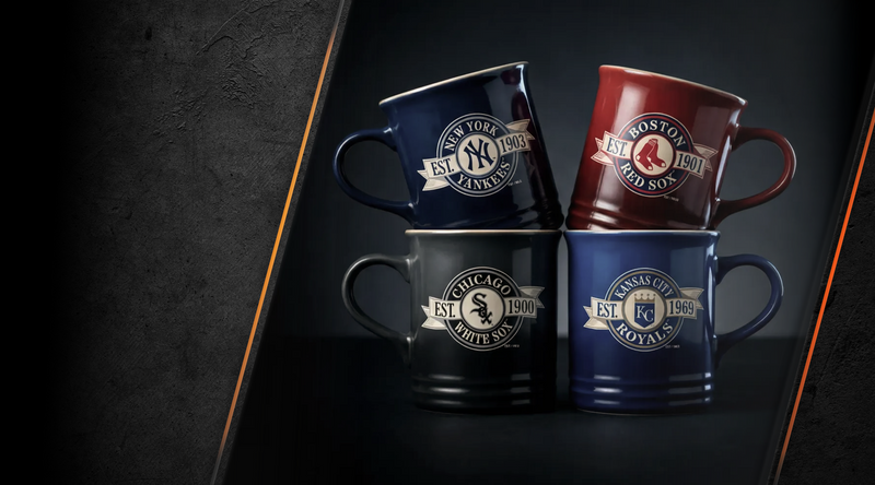 MLB team coffee mug collection in navy, blue and red showing four assorted club crests on dark background