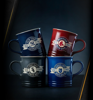 MLB team coffee mug collection mobile banner with Yankees, Red Sox, White Sox and Royals heritage crests