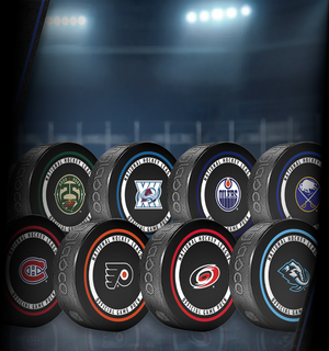 NHL team souvenir pucks mobile banner with eight clubs including Oilers, Canadiens, Flyers and Hurricanes