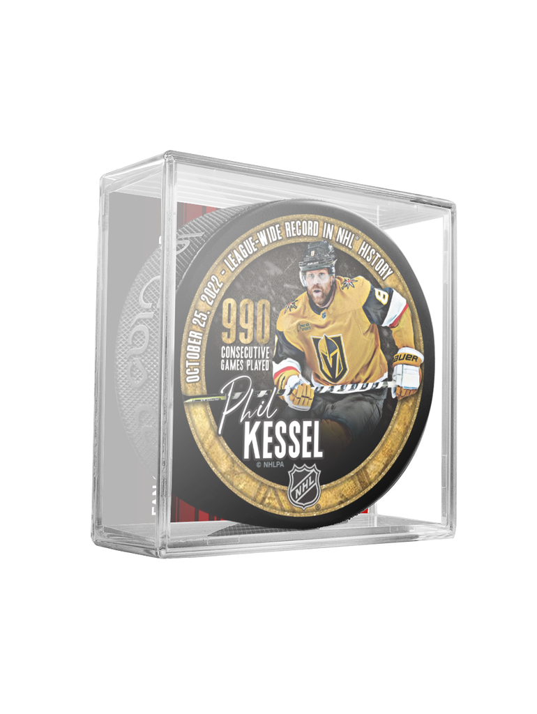 NHLPA Phil Kessel Vegas Golden Knights Most Consecutive NHL Games Souvenir Hockey Puck In Cube