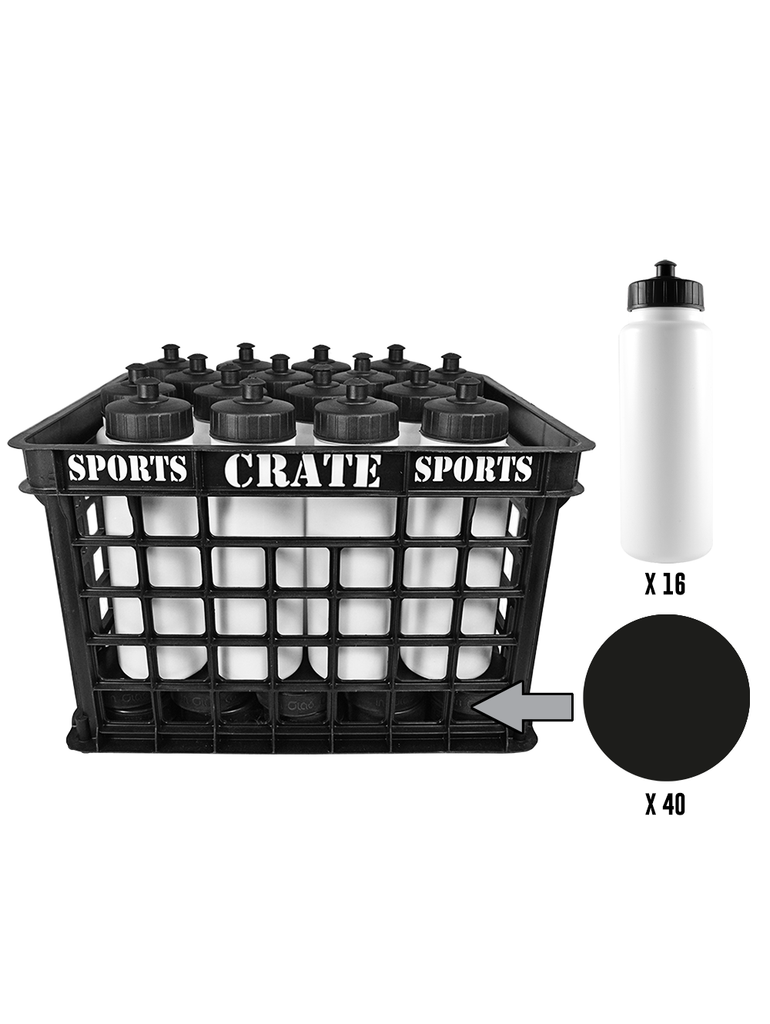 Coach Crate With Pull-Top Bottles: Includes 1 Black Sports Crate With 40 Black Slovakian 6oz Hockey Pucks And 16 White 1L Tallboy Bottles