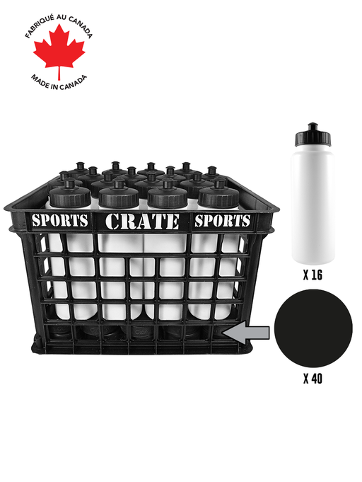 Coach Crate With Pull-Top Bottles: Shop Canadian! Includes 1 Black Sports Crate With 40 Black Canadian Pro 6oz Hockey Pucks And 16 White 1L Tallboy Bottles