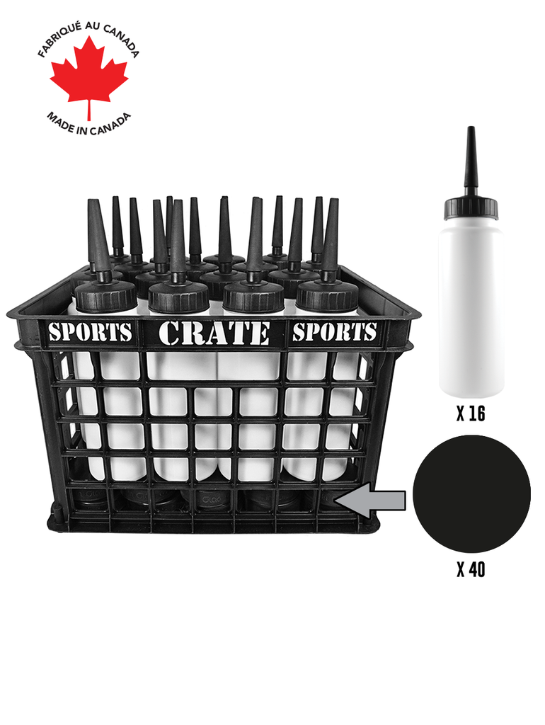 Coach Crate With Straw Pull-Top Bottles: Shop Canadian! Includes 1 Black Sports Crate With 40 Black Canadian Pro 6oz Hockey Pucks And 16 White 1L Tallboy Bottles