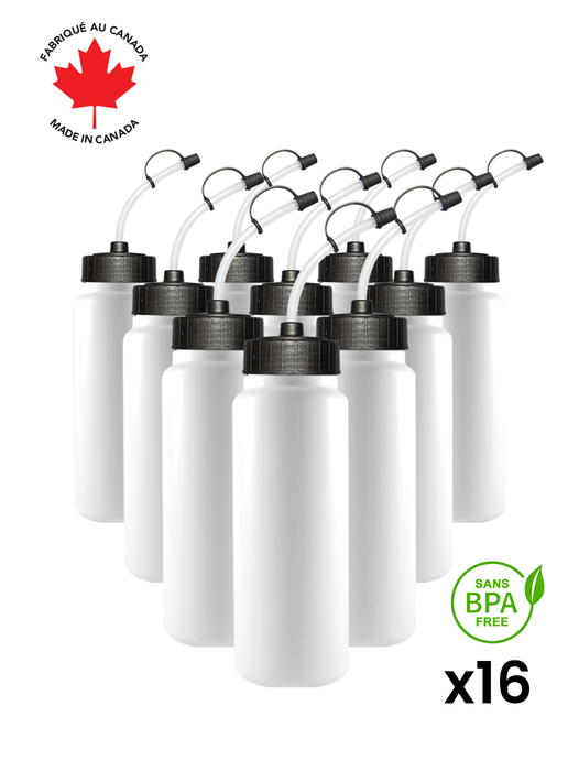 Coach Crate With Noodle Straw-Top Bottles: Includes 1 Black Sports Crate With 40 Black Slovakian 6oz Hockey Pucks And 16 White 1L Tallboy Bottles