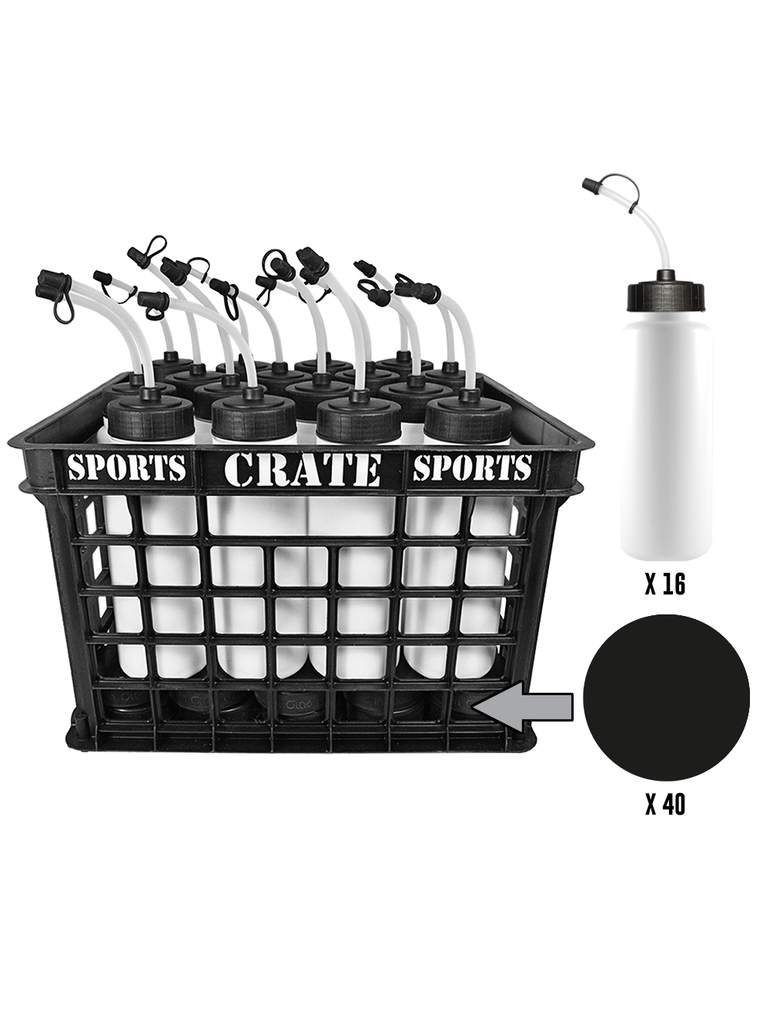 Coach Crate With Noodle Straw-Top Bottles: Includes 1 Black Sports Crate With 40 Black Slovakian 6oz Hockey Pucks And 16 White 1L Tallboy Bottles