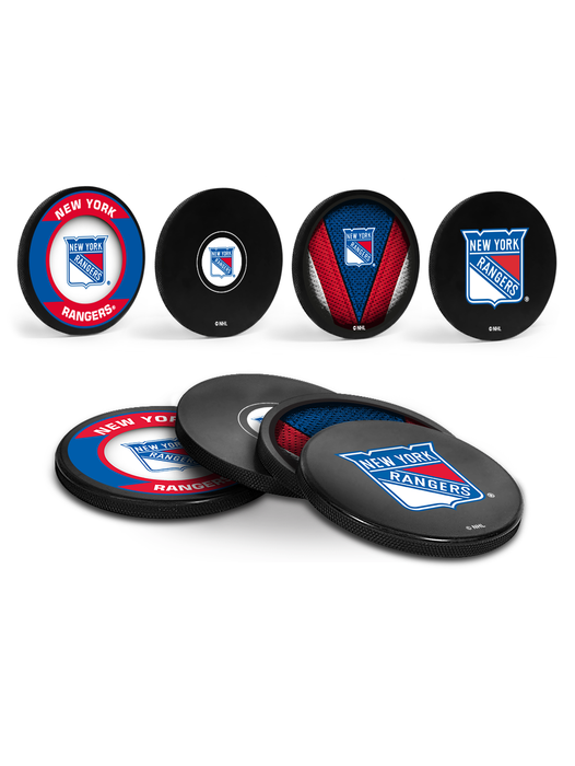 NHL New York Rangers Hockey Puck Drink Coasters (4-Pack) In Cube