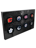 NHL Mini Hockey Puck Tabletop Display. This mini puck collection features all 7 Canadian NHL teams plus an NHL shield mini puck.