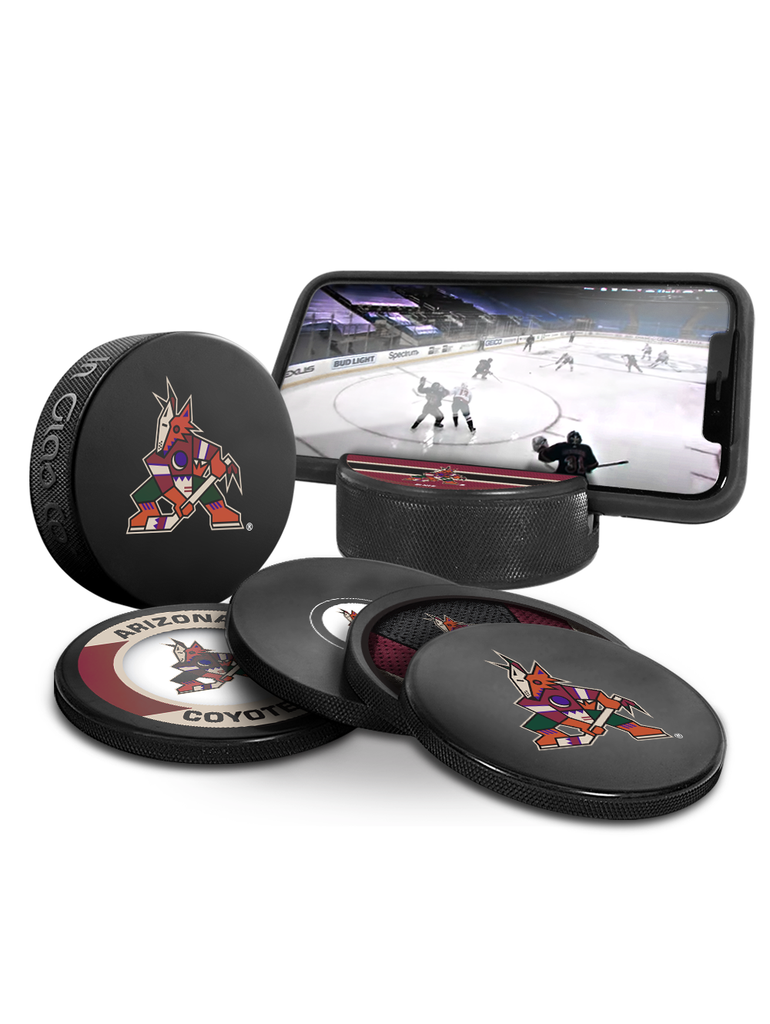 NHL Arizona Coyotes Ultimate Fan 3-Pack. Includes: 1 NHL Official Classic Souvenir Hockey Puck / 4 Coasters / 1 Media Device Holder