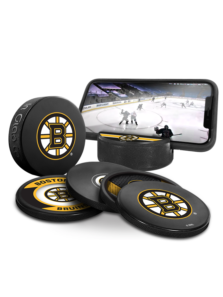 NHL Boston Bruins Ultimate Fan 3-Pack. Includes: 1 NHL Official Classic Souvenir Hockey Puck / 4 Coasters / 1 Media Device Holder